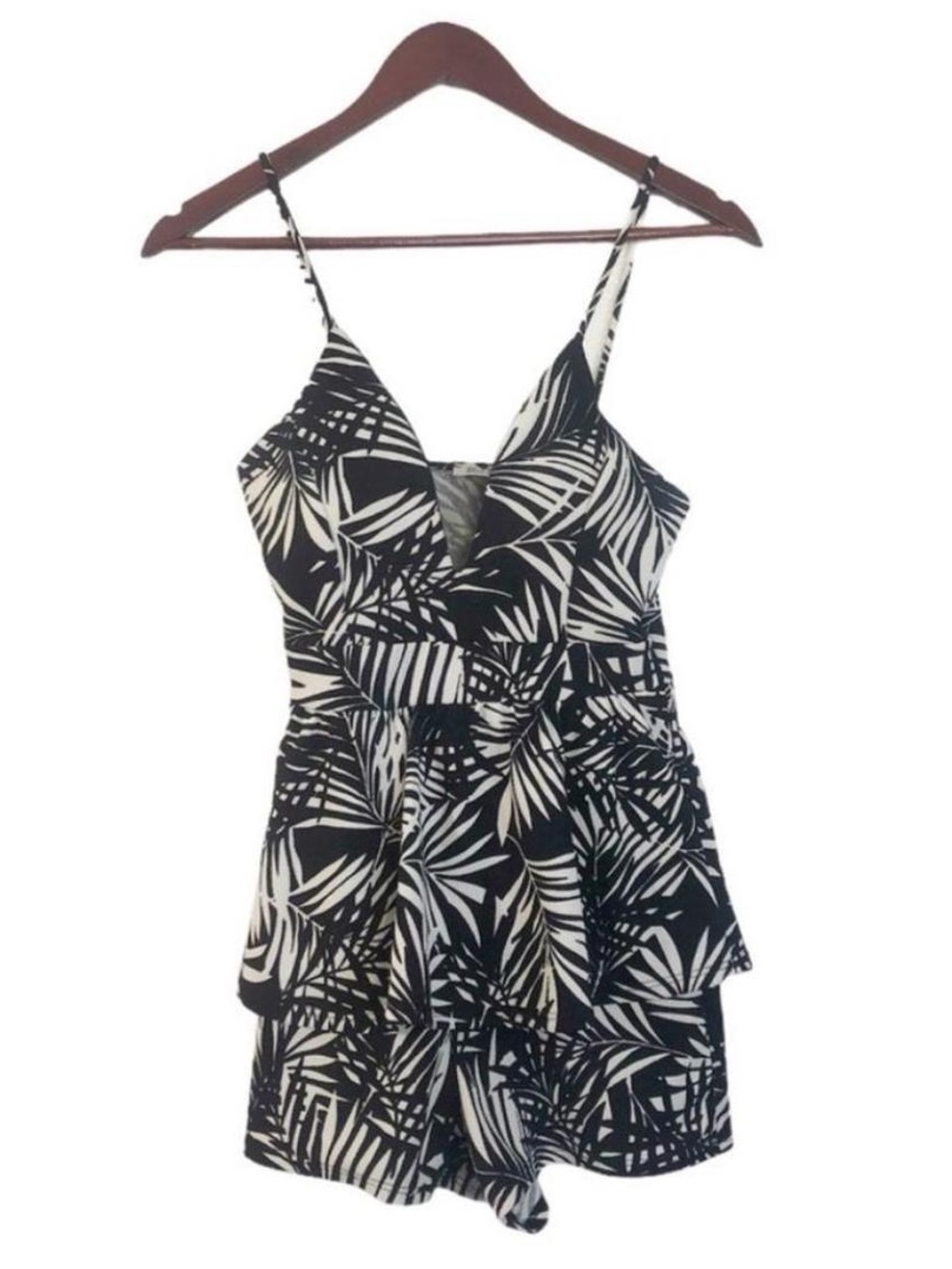 Black and White Palm Tree Leaf Patterned Romper Jumpsuit
